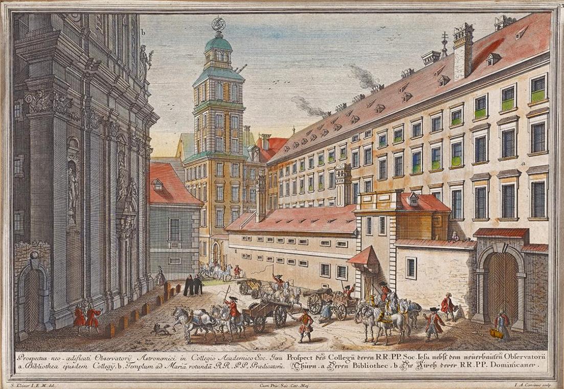Salomon Kleiner, Die Dominikanerkirche mit Sternwarte in der Postgasse, 1724, Kupferstich, kolo ...