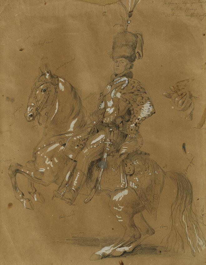 Johann Peter Krafft, Theodor Aron de Bistra zu Pferd, vor 1823, Bleistift auf Papier, weiß gehö ...