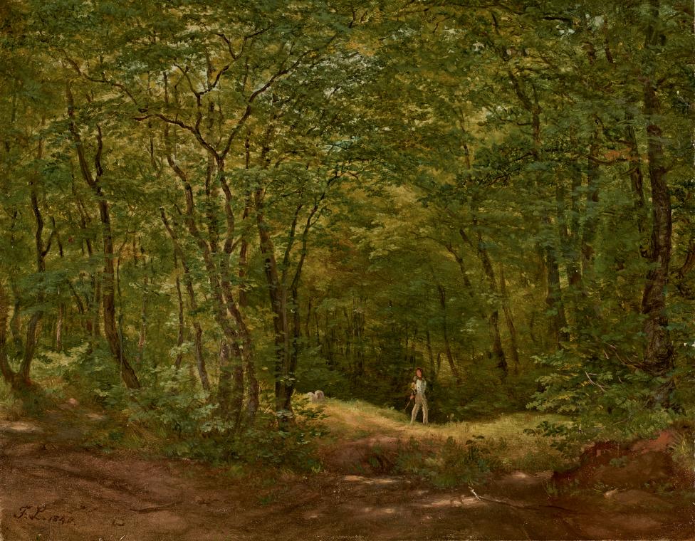 Friedrich Loos, Spaziergänger in einer Waldlandschaft, 1840, Öl auf Papier auf Karton, 20,5 x 2 ...