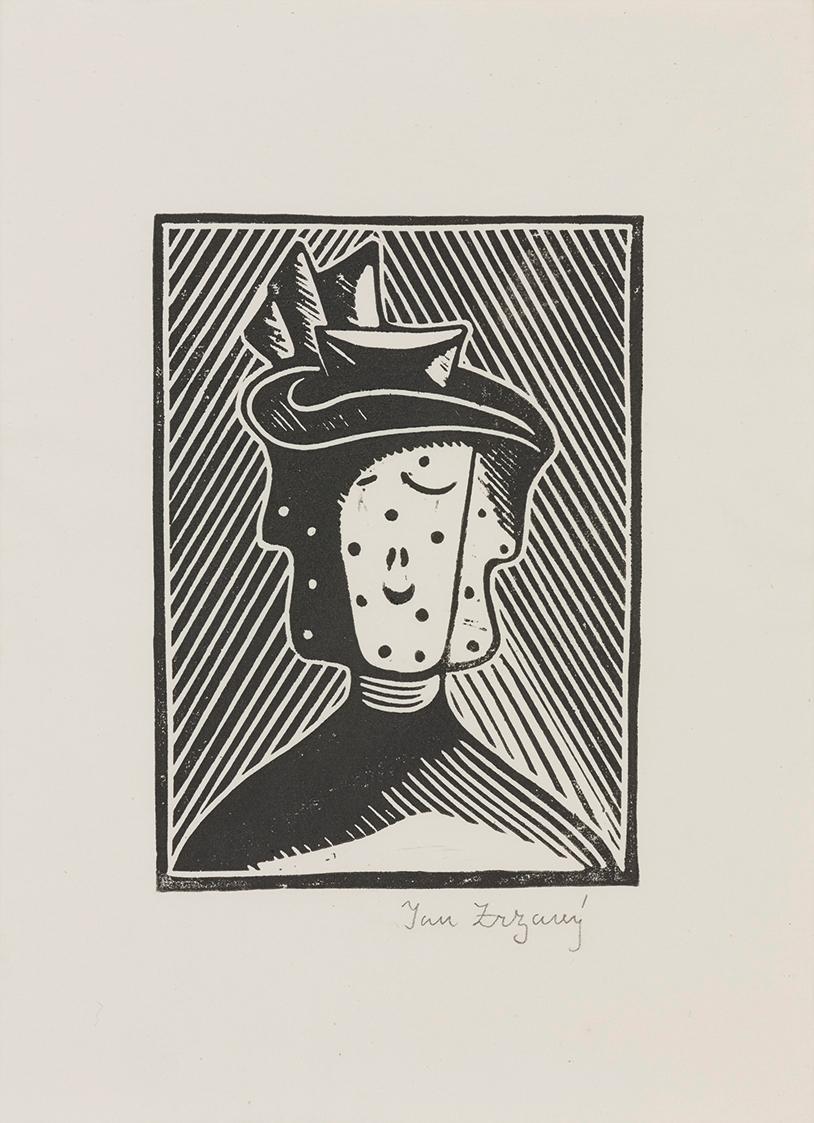 Jan Zrzavý, Frauenkopf mit Hut I, 1912/1920, Linolschnitt auf Papier, 26,5 × 20 cm, Dauerleihga ...
