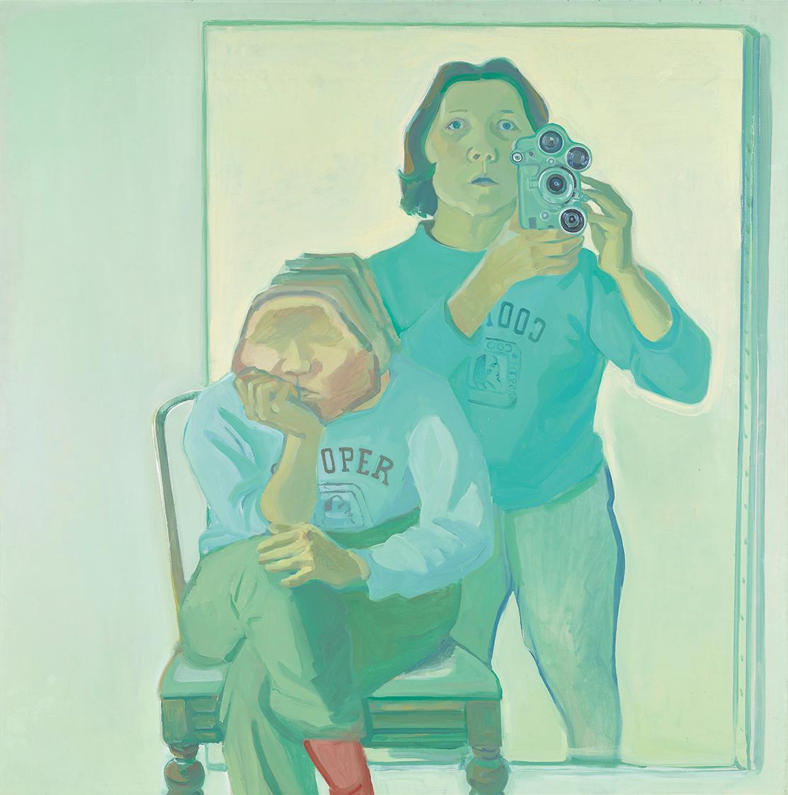 Maria Lassnig, Doppelselbstporträt mit Kamera, 1974, Öl auf Baumwolle, 180 x 180 cm, Artothek d ...