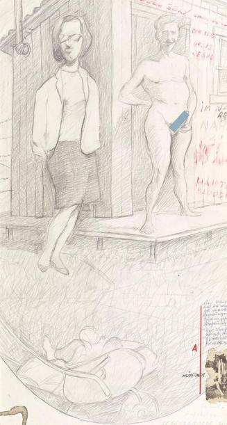Kurt Hüpfner, Hippie Familie, 1973, Bleistift, Buntstift, Collage auf Karton, 61,5 × 32,4 cm, S ...