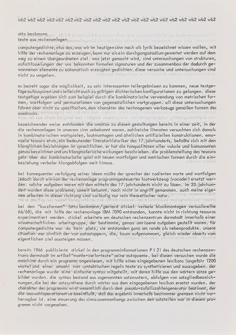 Otto Beckmann, texte aus rechenanlagen1968, Papier, Blattmaße: 30 × 21 cm, Schenkung Fria Elfen ...