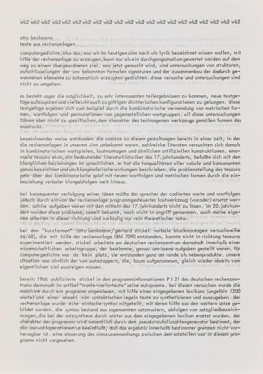 Otto Beckmann, texte aus rechenanlagen1968, Papier, Blattmaße: 30 × 21 cm, Schenkung Fria Elfen ...