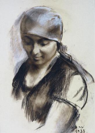 August Eduard Wenzel, Frau mit Kopftuch, 1933, Ölkreide in Schwarz und Braun auf Papier, 59 x 4 ...