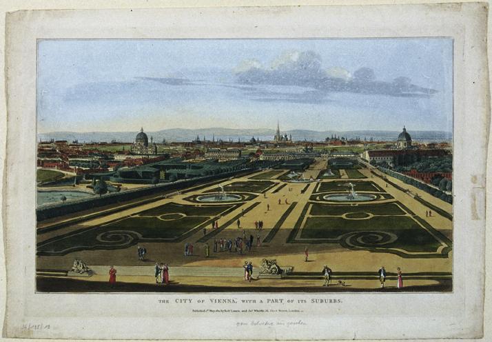 Unbekannter Künstler, Ansicht des Belvederegartens in Wien gegen das Untere Belvedere, 1811, Ku ...