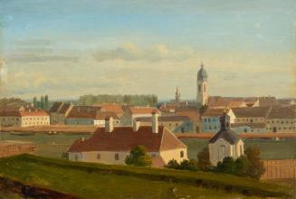 Johann Peter Krafft, Blick über den Donaukanal zur Leopoldstadt, 1812 (?), Öl auf Papier auf Ka ...