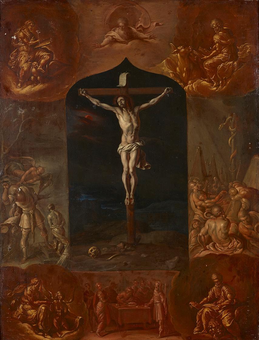 Johann Carl von Reslfeld, Der gekreuzigte Jesus und sieben biblische Szenen, undatiert, Öl auf  ...