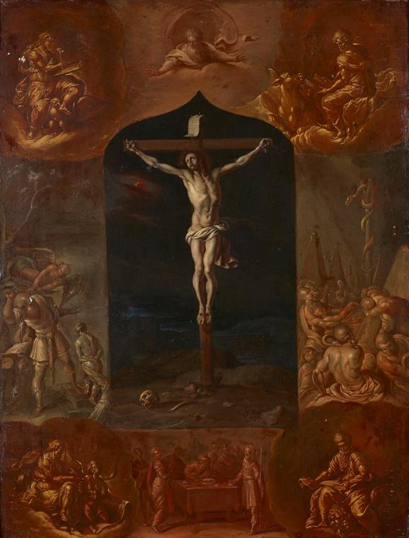 Johann Carl von Reslfeld, Der gekreuzigte Jesus und sieben biblische Szenen, undatiert, Öl auf  ...