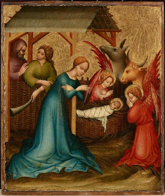 Meister der Wiener Anbetung, Geburt (Anbetung) Christi, Wien, um 1420, Malerei auf Lindenholz,  ...
