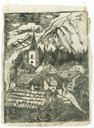 Anny Dollschein, Dorf im Gebirge, Linolschnitt auf Bütte, Plattenmaße: 24,5 × 19 cm, Belvedere, ...