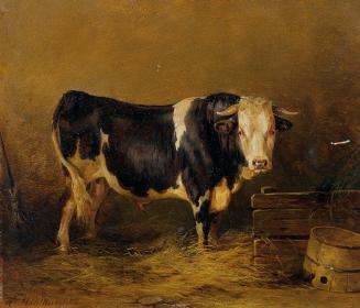 Edmund Mahlknecht, Stier im Stall, Öl auf Karton, 29 x 34 cm, Belvedere, Wien, Inv.-Nr. 3636