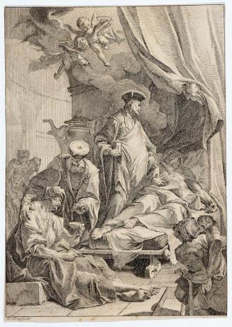 Paul Troger, Die Heiligen Cosmas und Damian, Kranke pflegend, um 1735/1738, Radierung, 33,5 x 2 ...