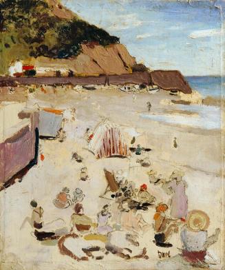 Erich Dusl, Badestrand, um 1950, Öl, Kohlestift auf Holz, 31 x 26 cm, Belvedere, Wien, Inv.-Nr. ...