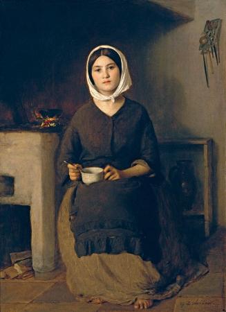 Johann Baptist Reiter, Sitzende Frau in einer Bauernküche, vor 1860, Öl auf Leinwand, 36,5 x 27 ...