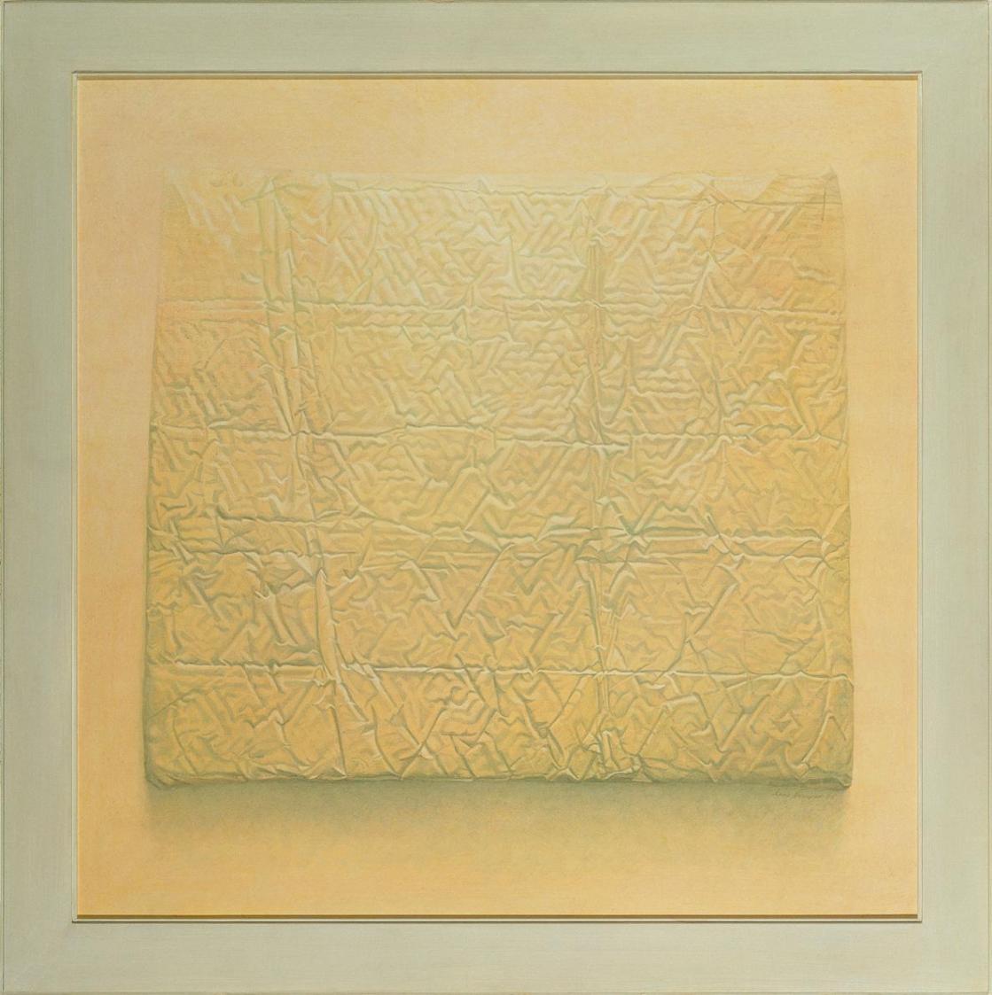 Anne Hauser, Verpackt I, 1995, Acryl, Öl auf Holz, 90 x 90 cm, Belvedere, Wien, Inv.-Nr. 9672