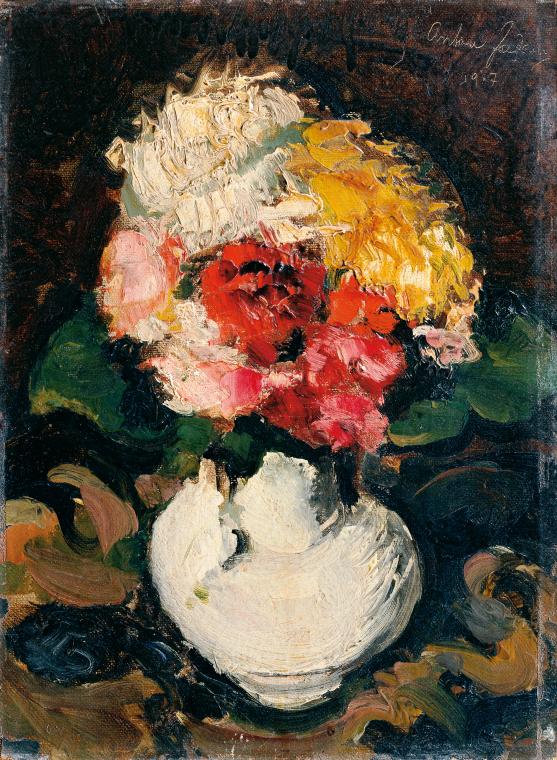 Anton Faistauer, Blumenbouquet in weißer Vase, 1917, Öl auf Leinwand auf Karton aufgezogen, 29  ...