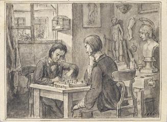 Joseph Eugen Hörwarter, Die Schachspieler im Bildhauer-Atelier, um 1870, Feder auf Papier, lavi ...