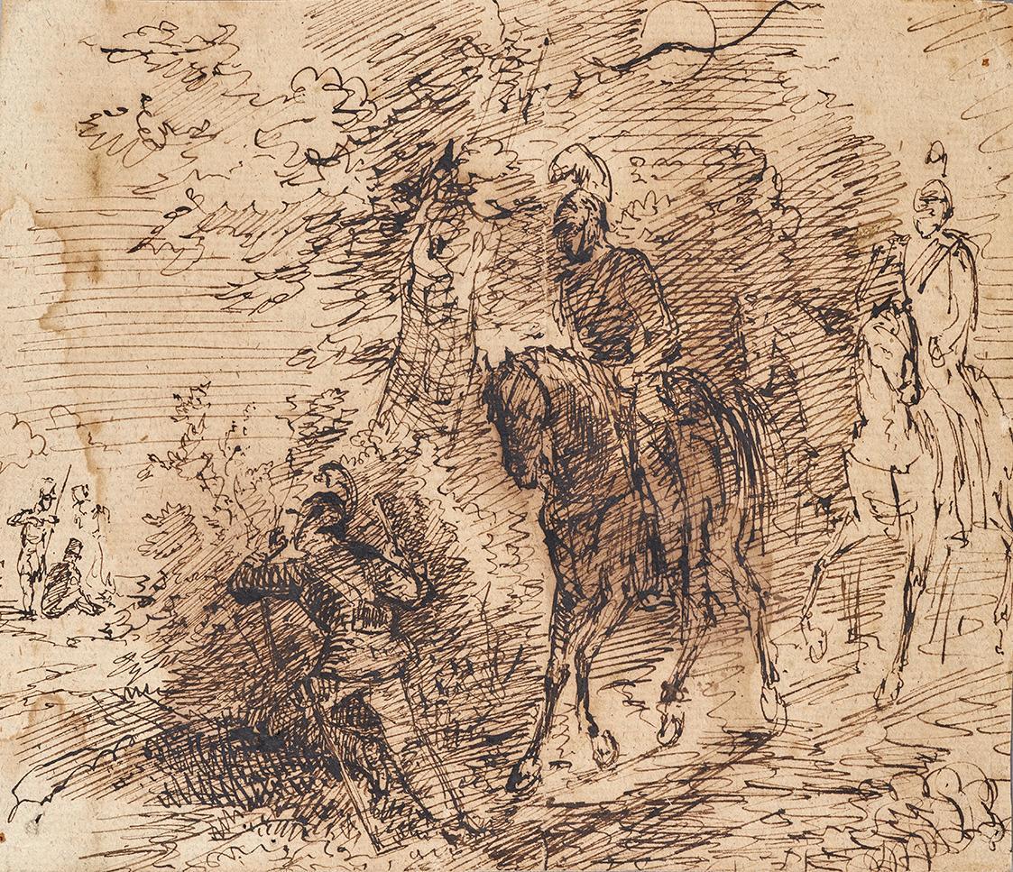 Unbekannter Künstler, Berittene Soldaten beobachten drei andere Soldaten, Tusche auf Papier, 15 ...