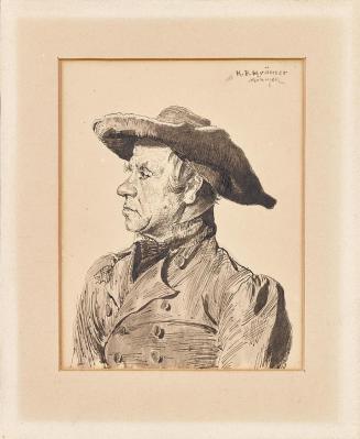Peter K. Krämer, Männerbrustbild in Gehrock und breitkrempigem Hut, um 1870, Tusche auf Papier, ...