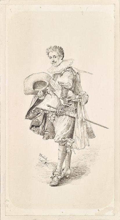 Václav Brožík, Herr in Renaissance-Kostüm und Halskrause, 1880, Tusche auf Papier, kaschiert au ...