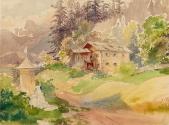 Franz Steinfeld, Alpenlandschaft mit Bauernhaus und Frau vor Marterl, undatiert, Aquarell auf P ...