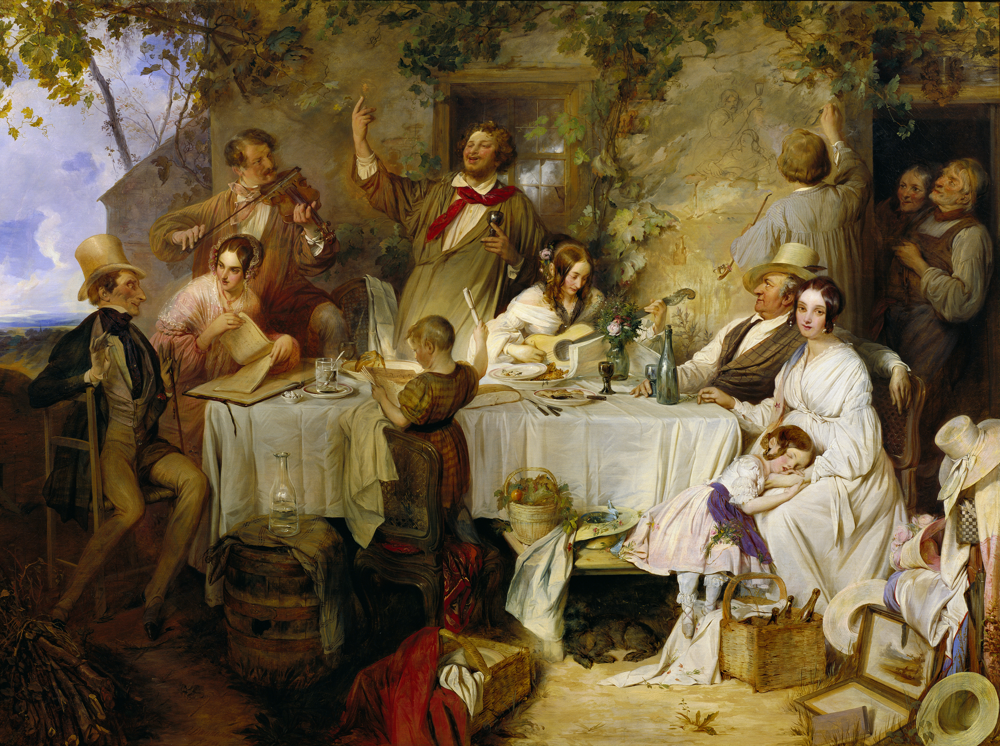 Wein, Weib und Gesang: painting of people sitting around a table in a forest.